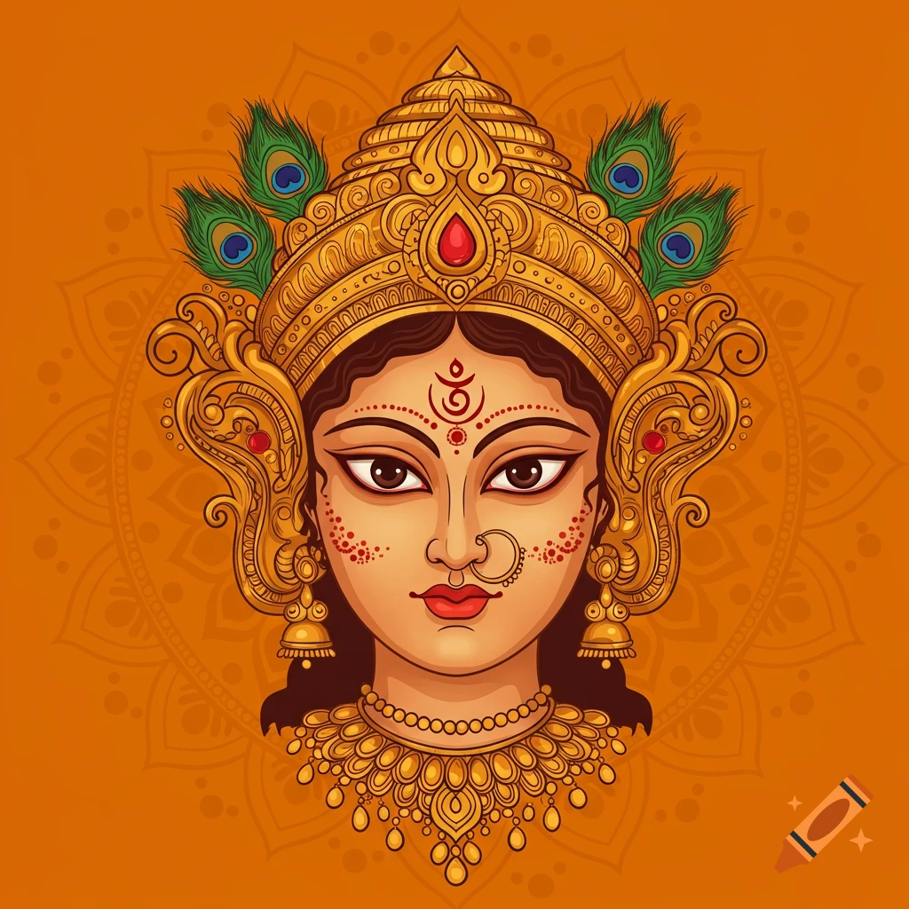Close-up vector illustration of a Hindu goddess, likely Durga, with golden crown, jewelry, peacock feathers, and a bindi, against an orange background.
