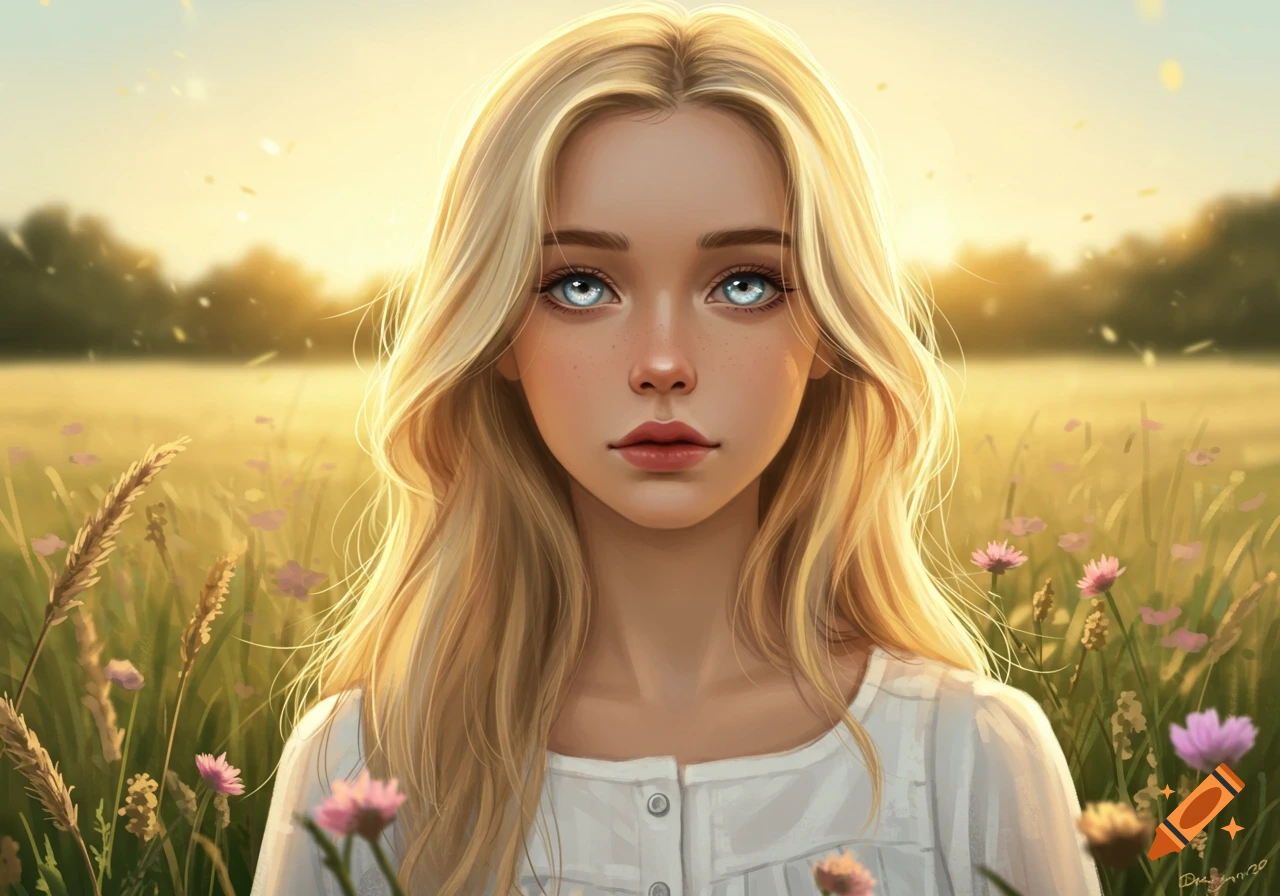 A portrait of a blonde girl with striking blue eyes in a sunlit field with wildflowers, digital painting style.