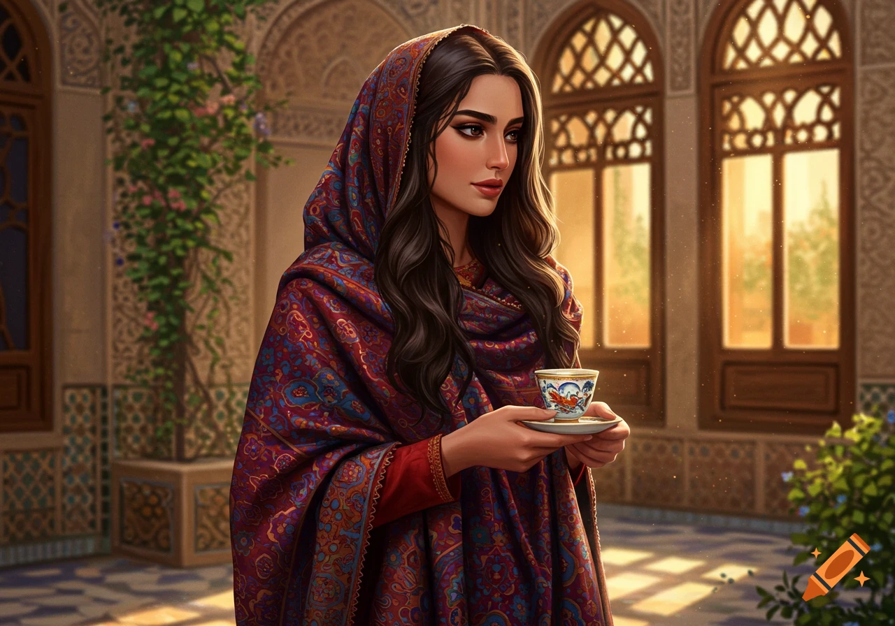 Young woman in a patterned red shawl holds a teacup in a sunlit room with arched windows and ornate walls, digital art.