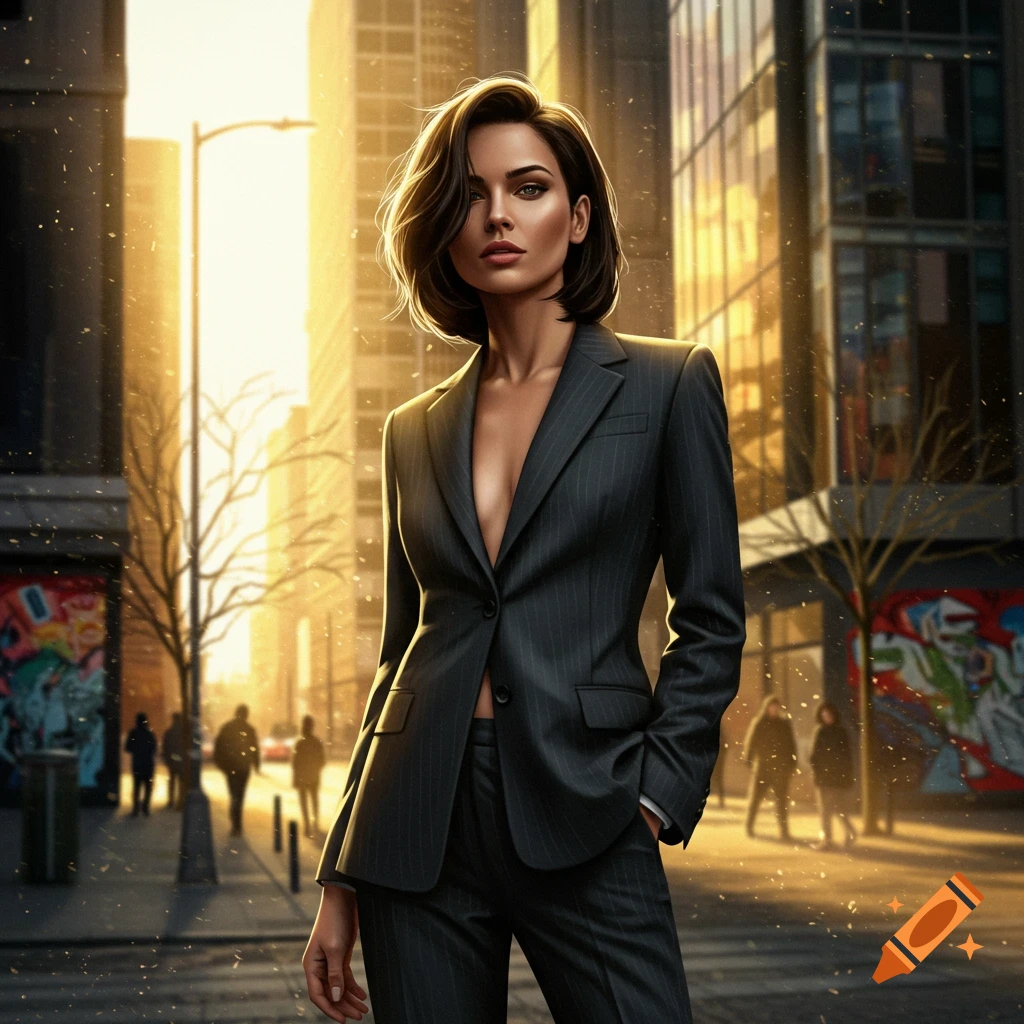 A stylish woman in a pinstripe suit stands confidently on a sunlit city street.