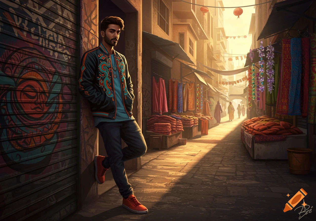 A man with a beard and patterned bomber jacket leans against a graffiti-covered wall in a bustling, sunlit market street.