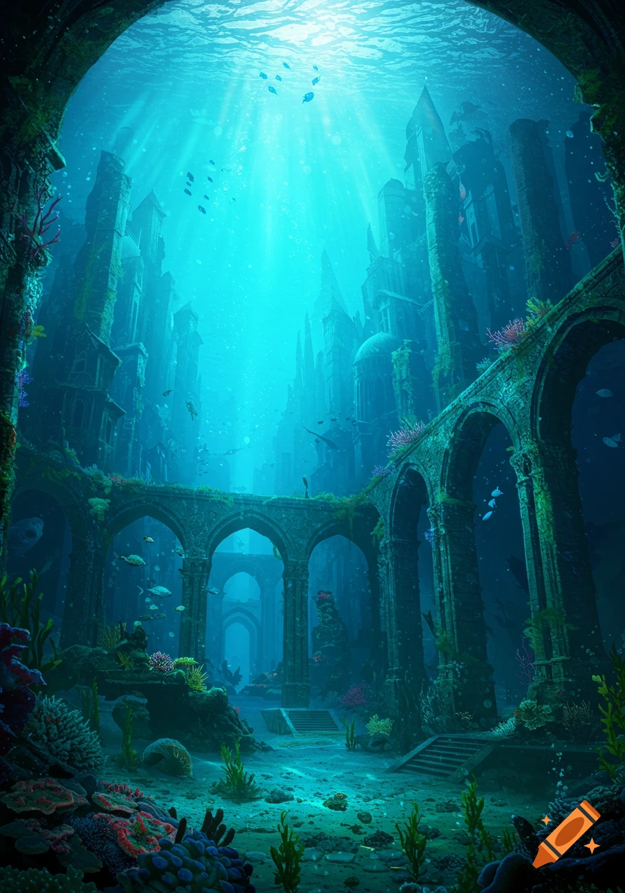 A beautiful, sunlit underwater fantasy city with towering spires, gothic arches, coral reefs, and schools of fish.