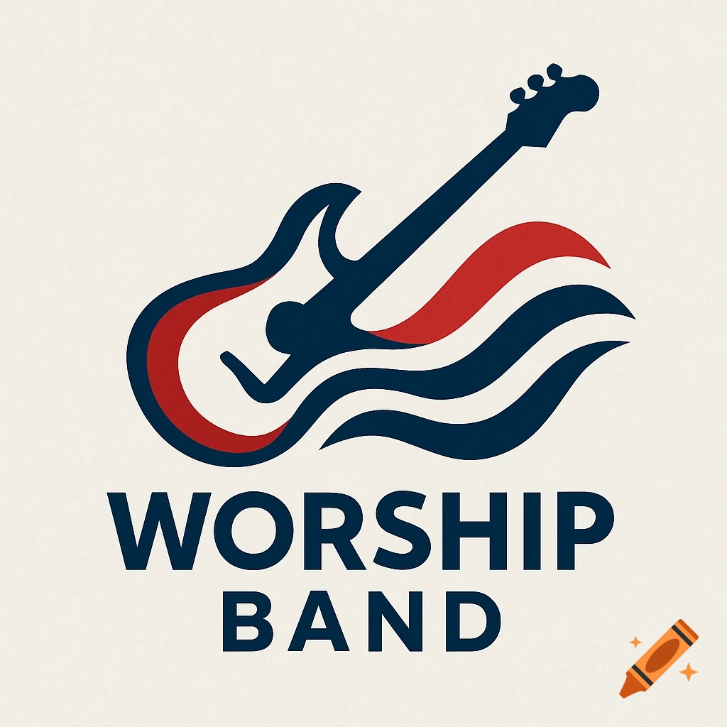 A clean, modern logo for a worship band featuring a stylized electric guitar in navy blue with red and navy wavy stripes, and the text 'WORSHIP BAND'.