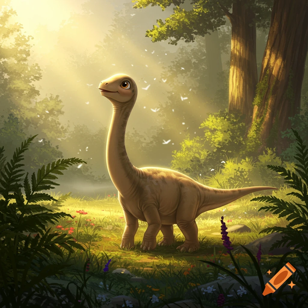 A cute, cartoon-style baby long-necked dinosaur stands in a sunlit forest clearing with ferns and flowers.