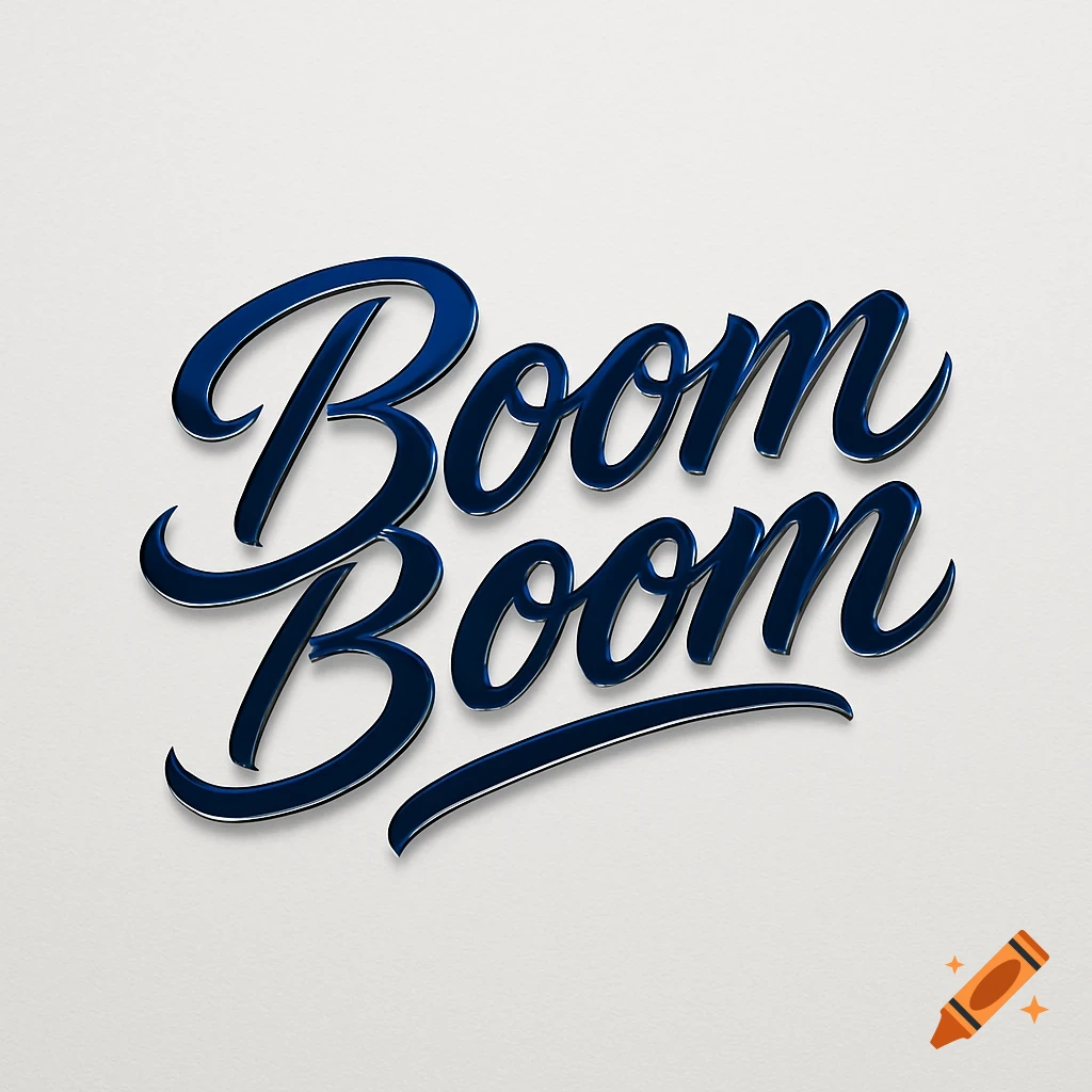 Blue glossy cursive "Boom Boom" text logo with a shadow on a light textured background.