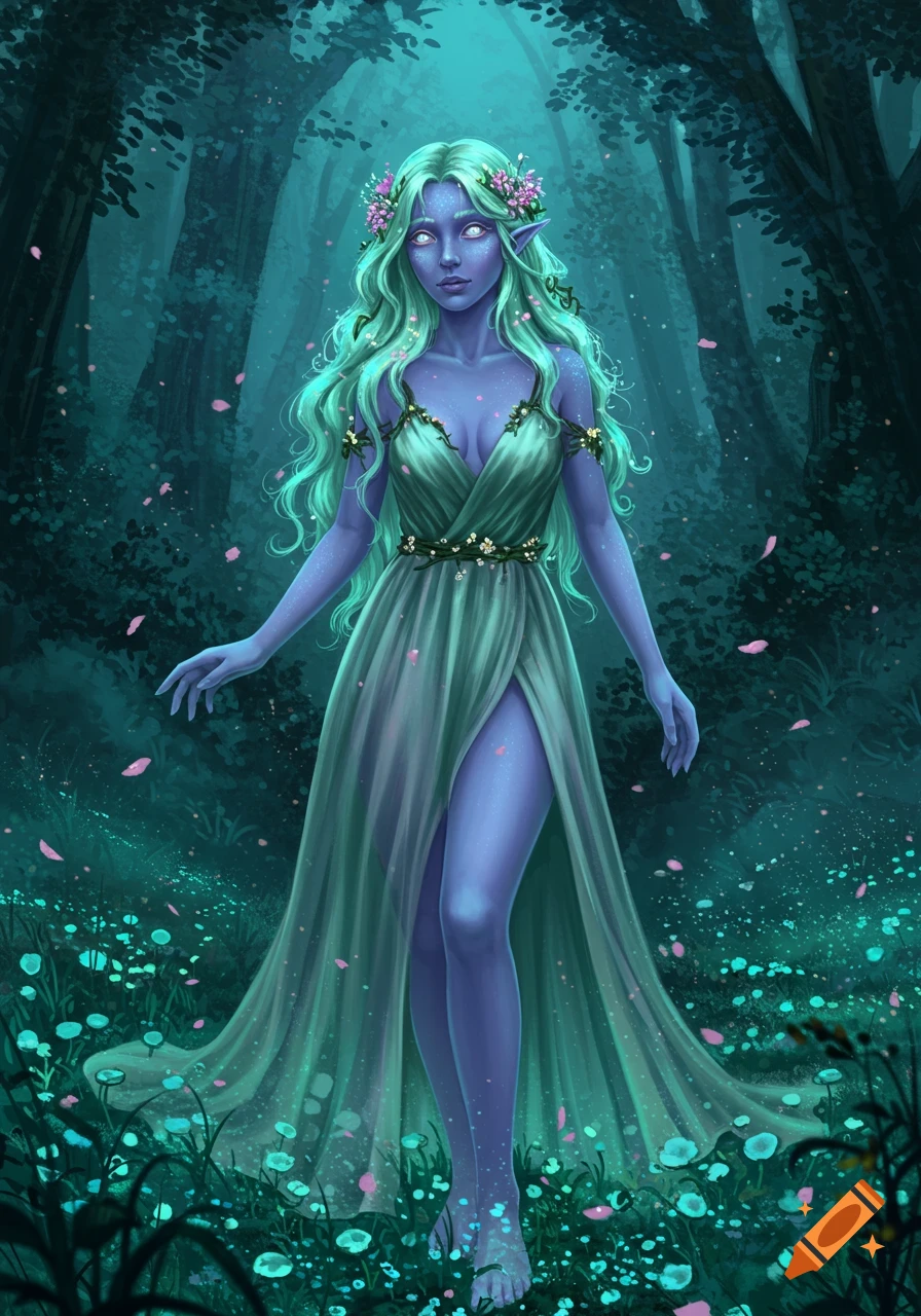 A fae woman with blue skin and green hair in a flowing dress stands in a mystical forest with glowing flowers.