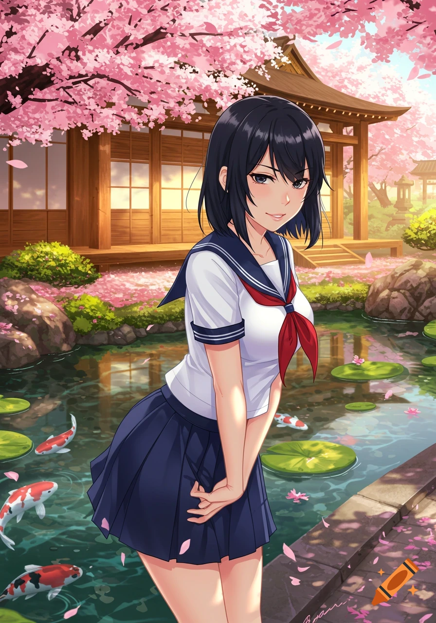 Anime girl in a school uniform stands in a Japanese garden with cherry blossoms, a pond with koi fish, and a traditional building.