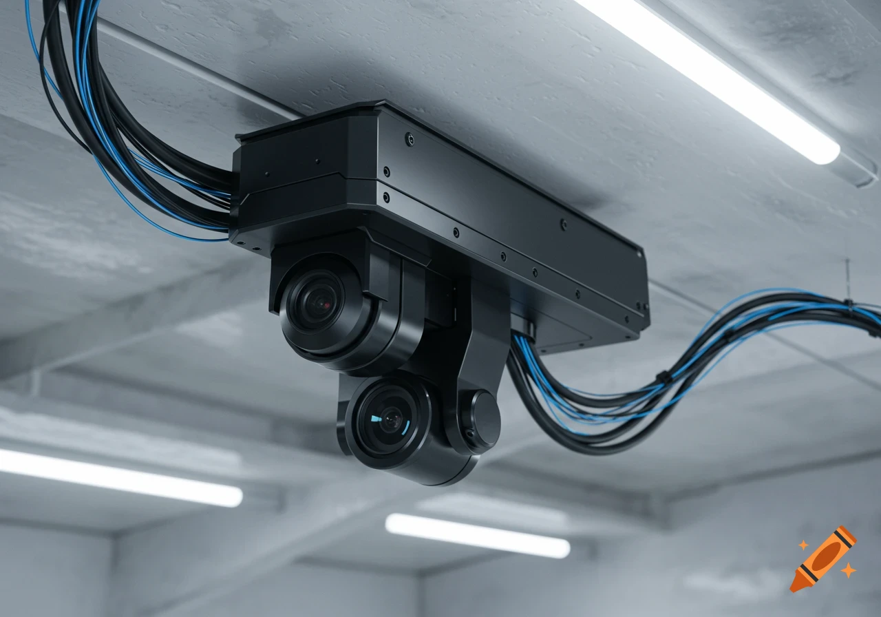 A black, high-tech surveillance camera with two lenses and visible wiring hangs from a concrete ceiling, illuminated by fluorescent lights.