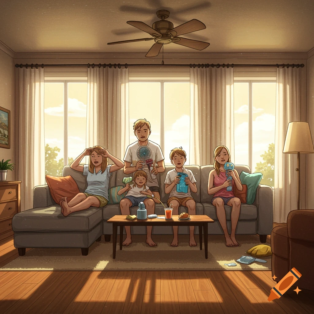 Illustrated family sitting on a couch in a hot living room, using fans and drinks.