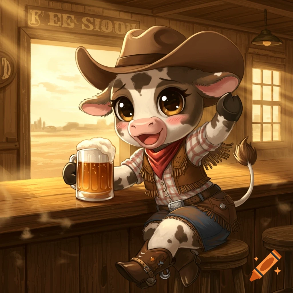 A cute anime anthropomorphic cow in a cowboy hat and vest, sitting at a wooden bar, holding a mug of beer in a Western saloon.