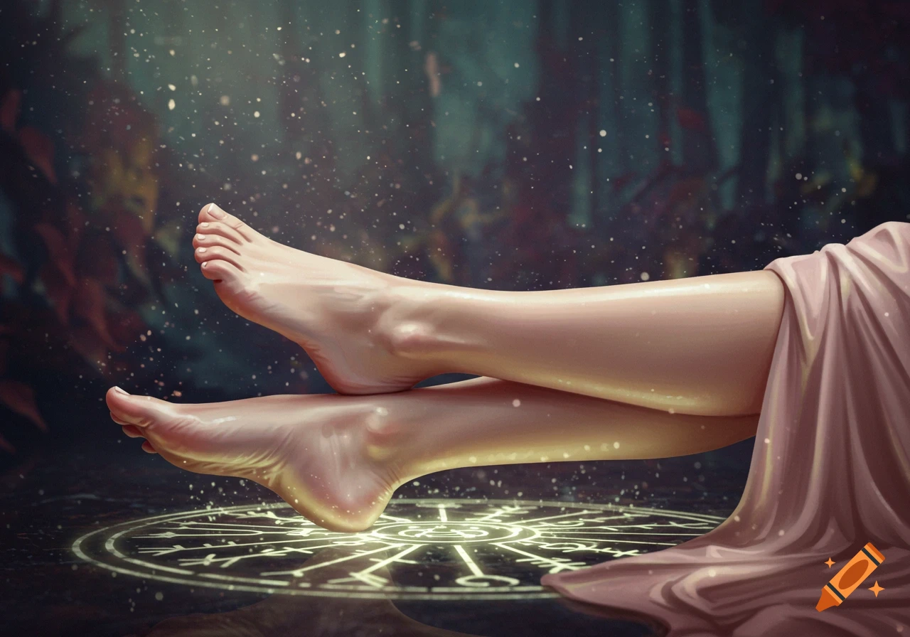 Smooth bare legs and feet with glossy toenails crossed over a glowing magic circle in a dark, sparkling fantasy scene.