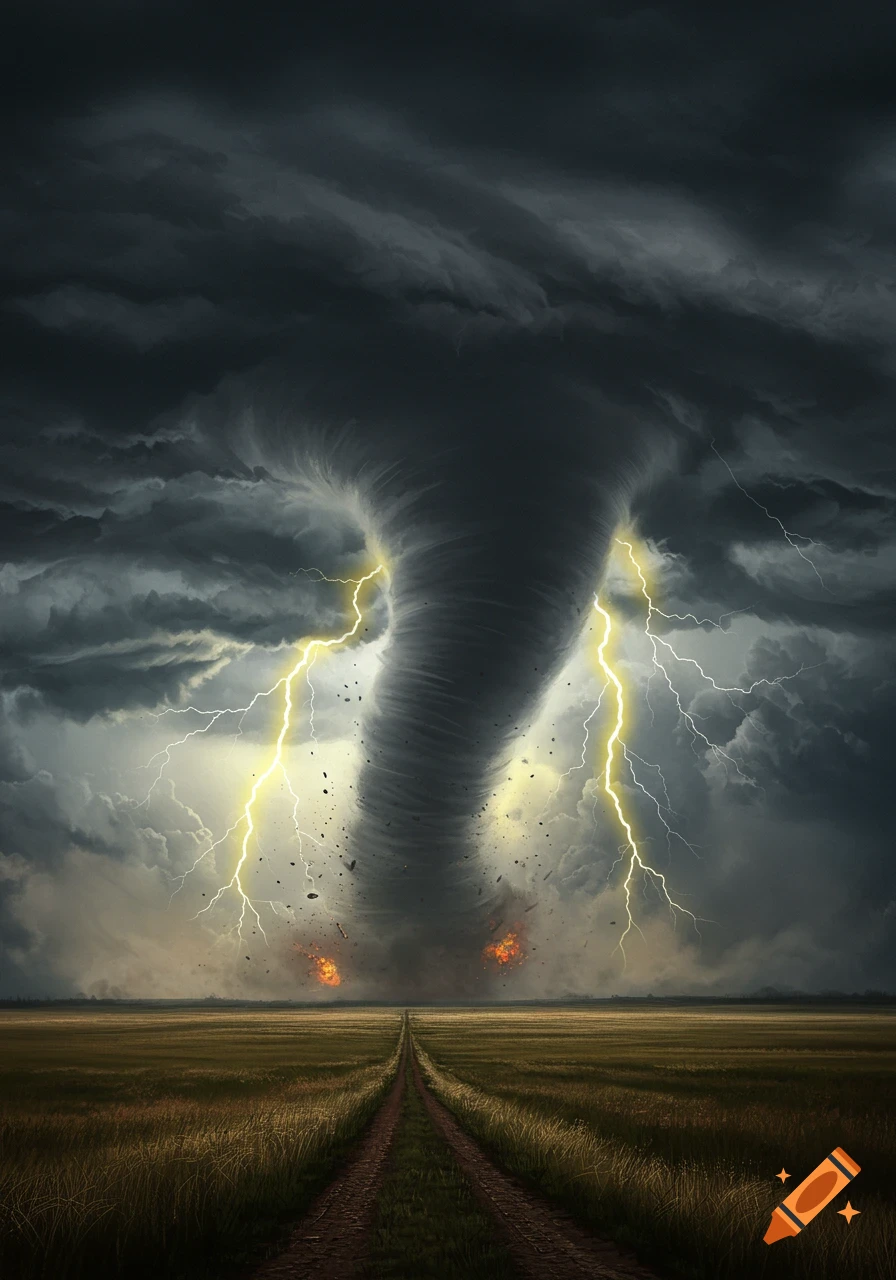 A powerful tornado descends over a vast field under a dark, stormy sky, illuminated by multiple lightning bolts and small explosions near its base.