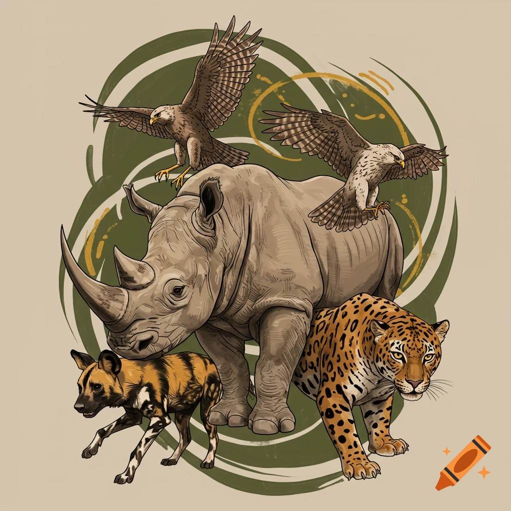 Illustrative tattoo design featuring a rhino, painted dog, leopard, and two hawks against a background of green and gold abstract swirls.