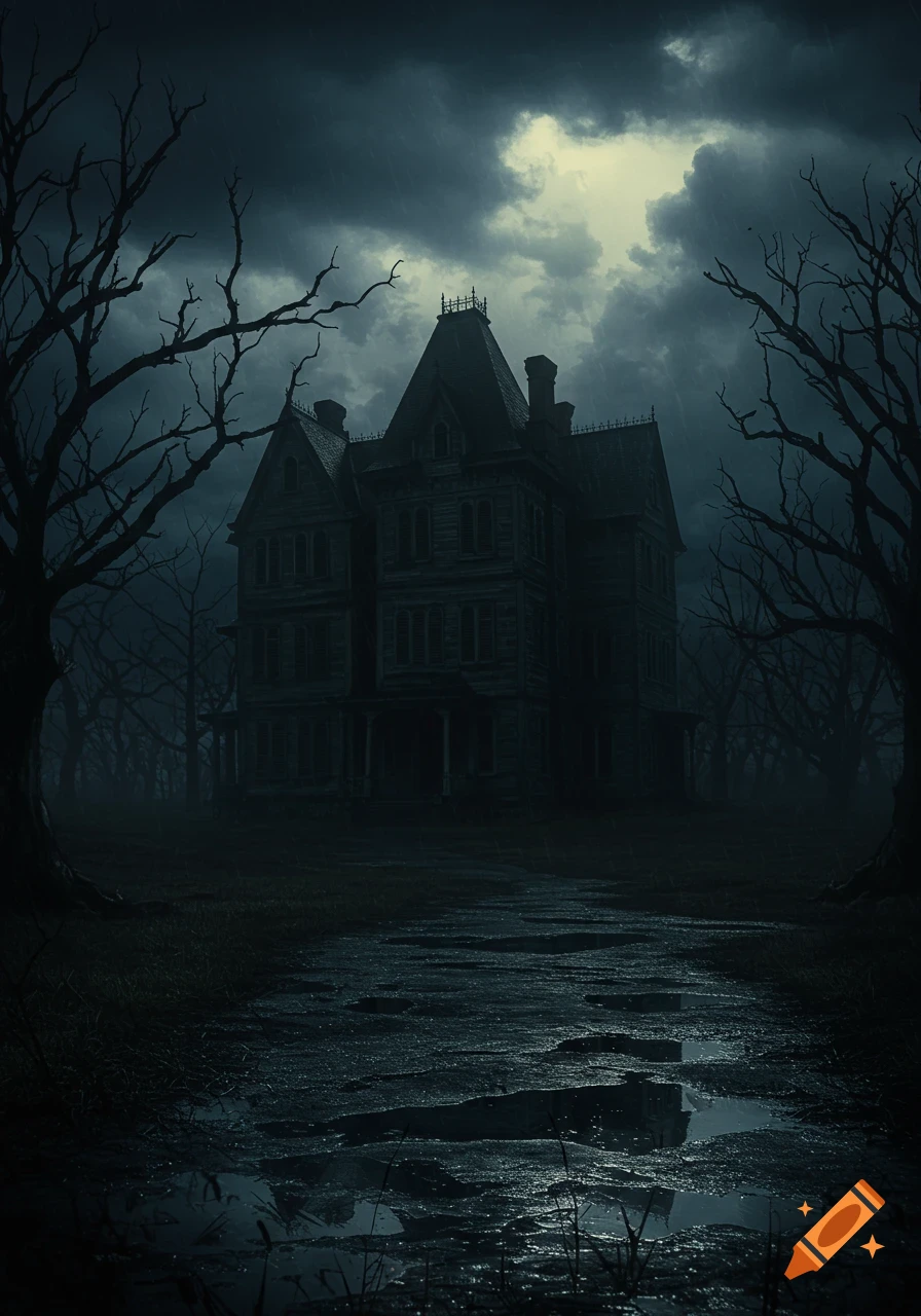 Gloomy illustration of an old, dark haunted house at night, surrounded by twisted leafless trees under a stormy sky with a wet, reflective path.