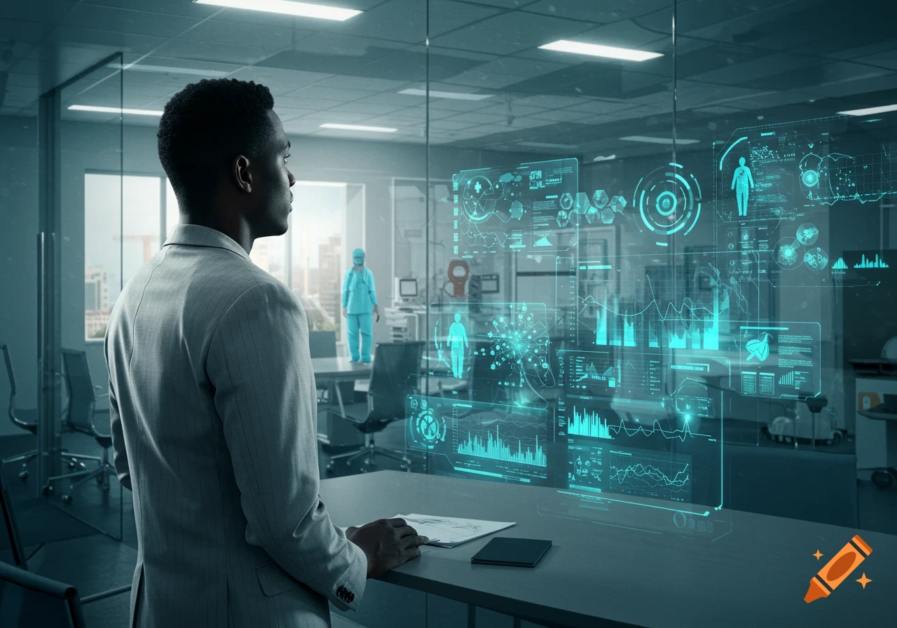 A man in a suit stands in a modern office, viewing holographic medical data and charts on a transparent screen. Another person in scrubs is visible in the background.