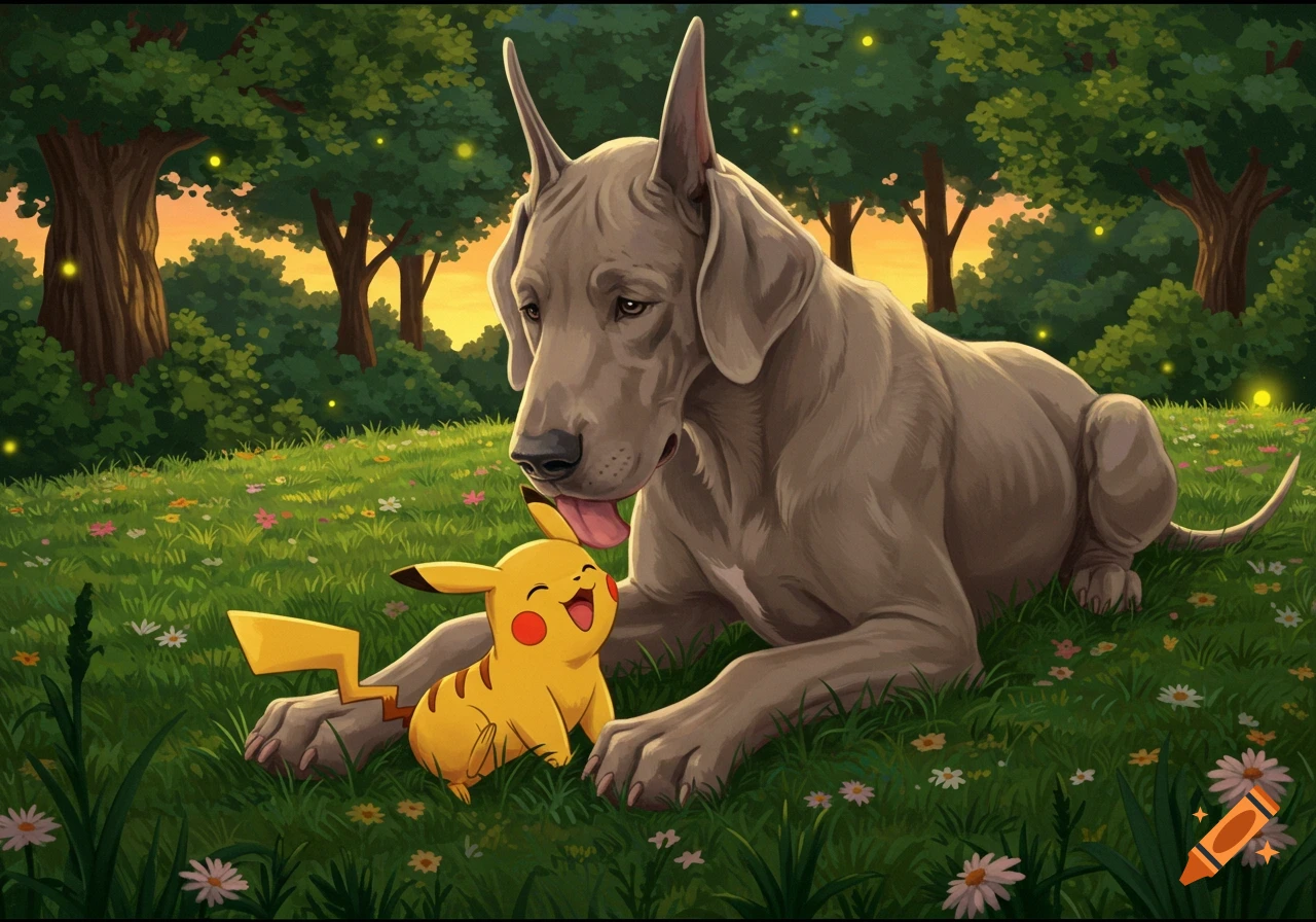 An illustrated Great Dane gently licks a happy Pikachu in a grassy field with fireflies at sunset.