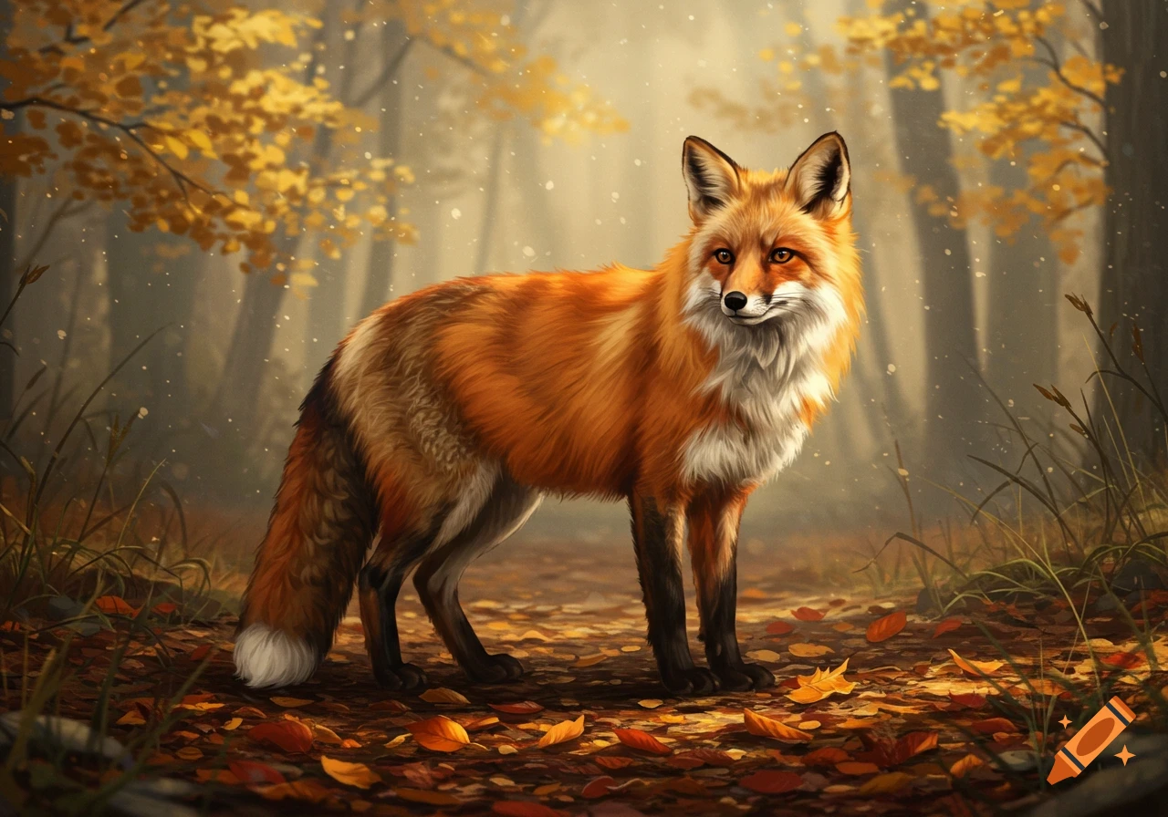A vibrant red fox with white chest markings stands in a sun-dappled ...