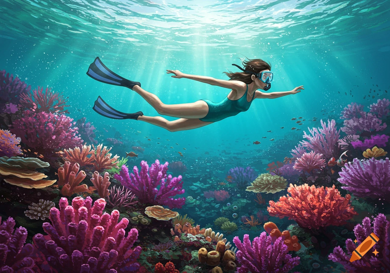 An illustration of a woman in a teal swimsuit, mask, and flippers snorkeling over a vibrant coral reef in clear blue water.