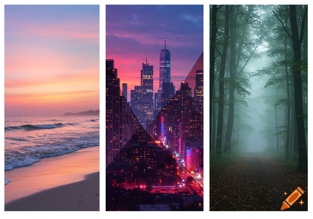 Three vertical panels: a beach sunset, a neon city skyline at night with geometric overlays, and a foggy forest path.