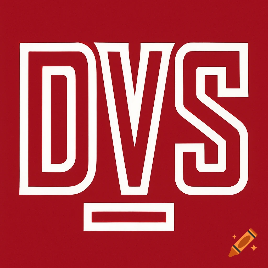 A white stylized DVS logo with an underline on a red background.