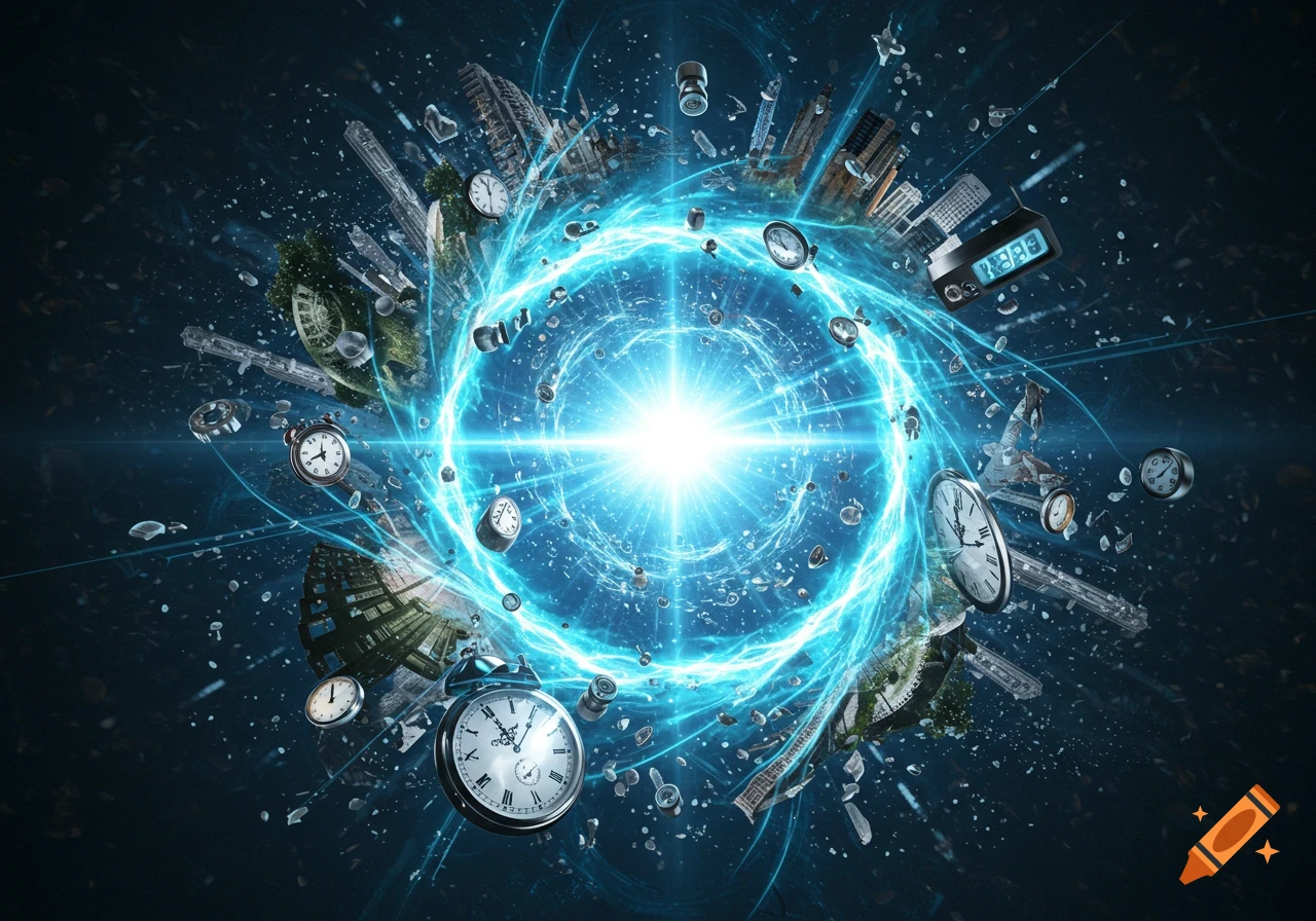 A swirling blue energy vortex pulls clocks, skyscrapers, and debris through a dark, starry space, depicting time travel.