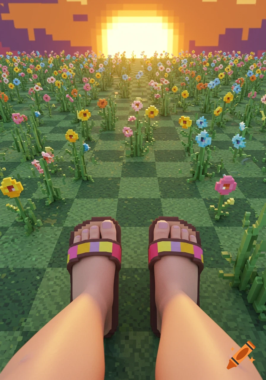 First-person view of feet in pixelated sandals on a checkered grass field with colorful pixelated flowers and a large pixelated sunset.