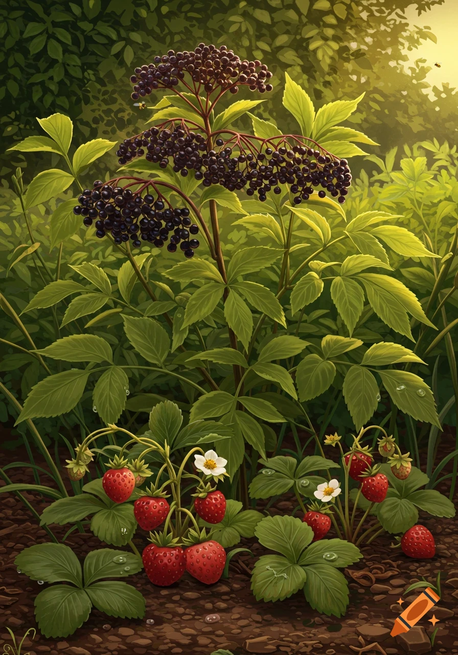 Lush illustration of elderberries growing above strawberry plants with red berries and white flowers in a sunlit garden.