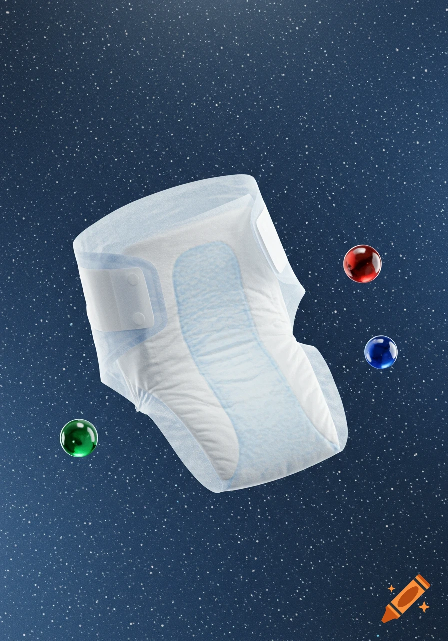 A white adult disposable diaper floats in starry dark blue space, with three translucent red, blue, and green marbles floating nearby.