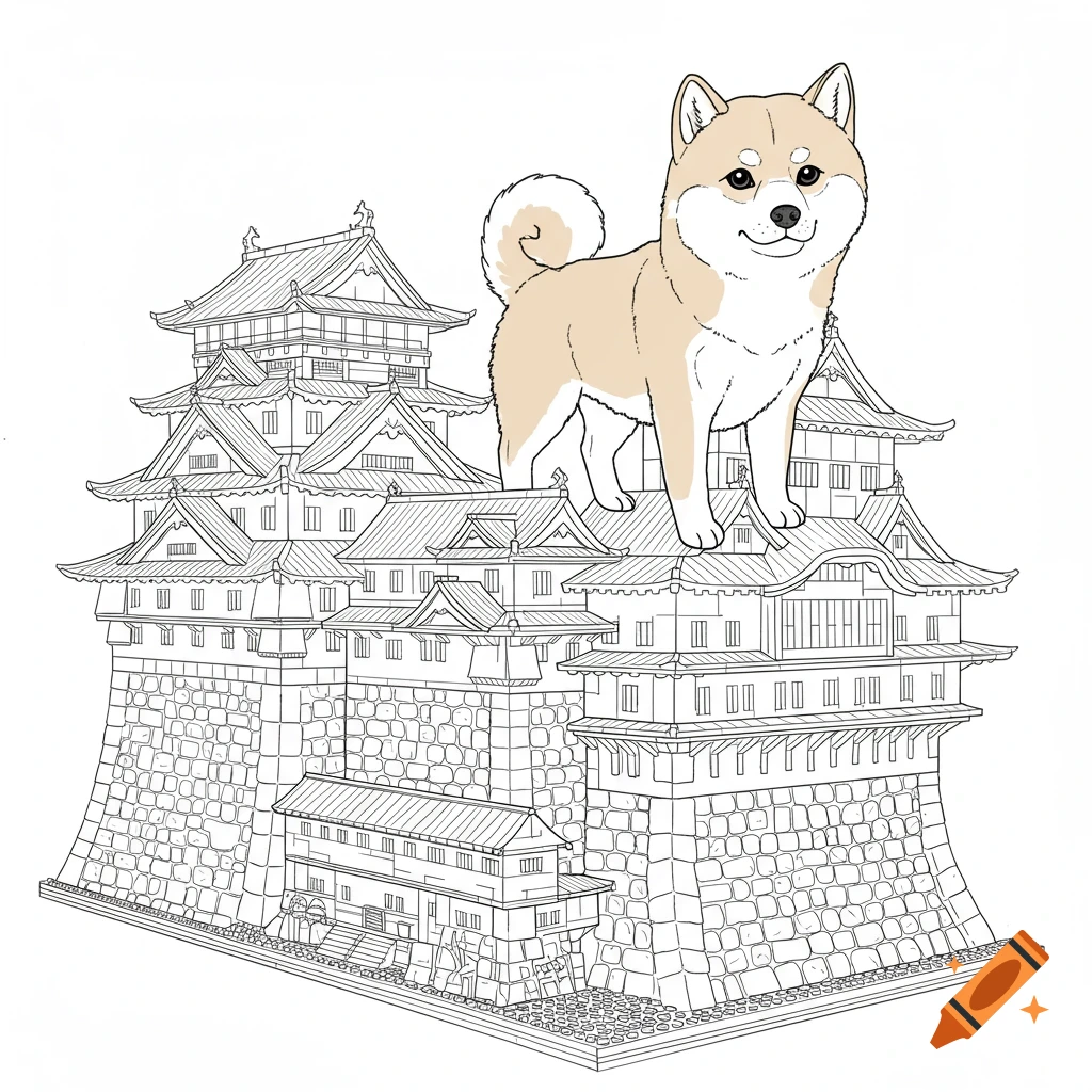 A tan and white Shiba Inu dog sits on a detailed line drawing of a Japanese castle. Coloring book style illustration.