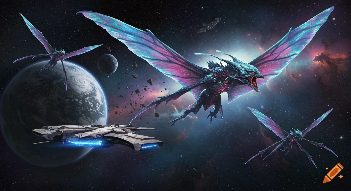 Large winged alien monsters flying near a spaceship and a planet in deep space with nebulae.