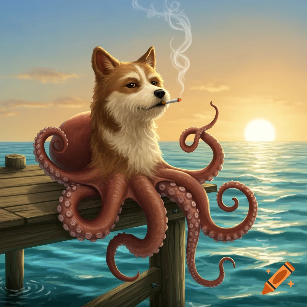 A surreal dog-octopus hybrid smokes a cigarette on a wooden dock at sunset over the ocean.