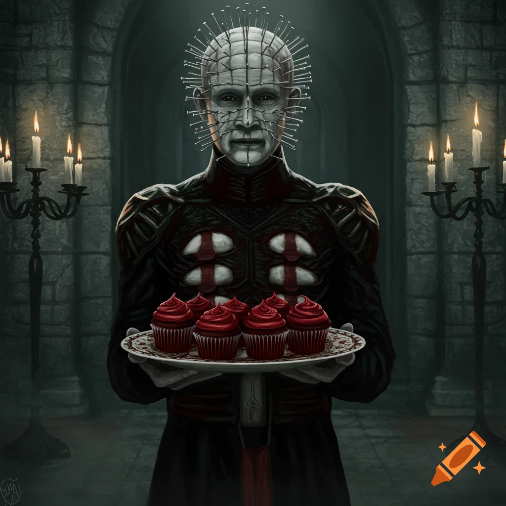 Pinhead from Hellraiser holds a plate of red frosted cupcakes in a dark, candlelit stone room, in a dark fantasy art style.