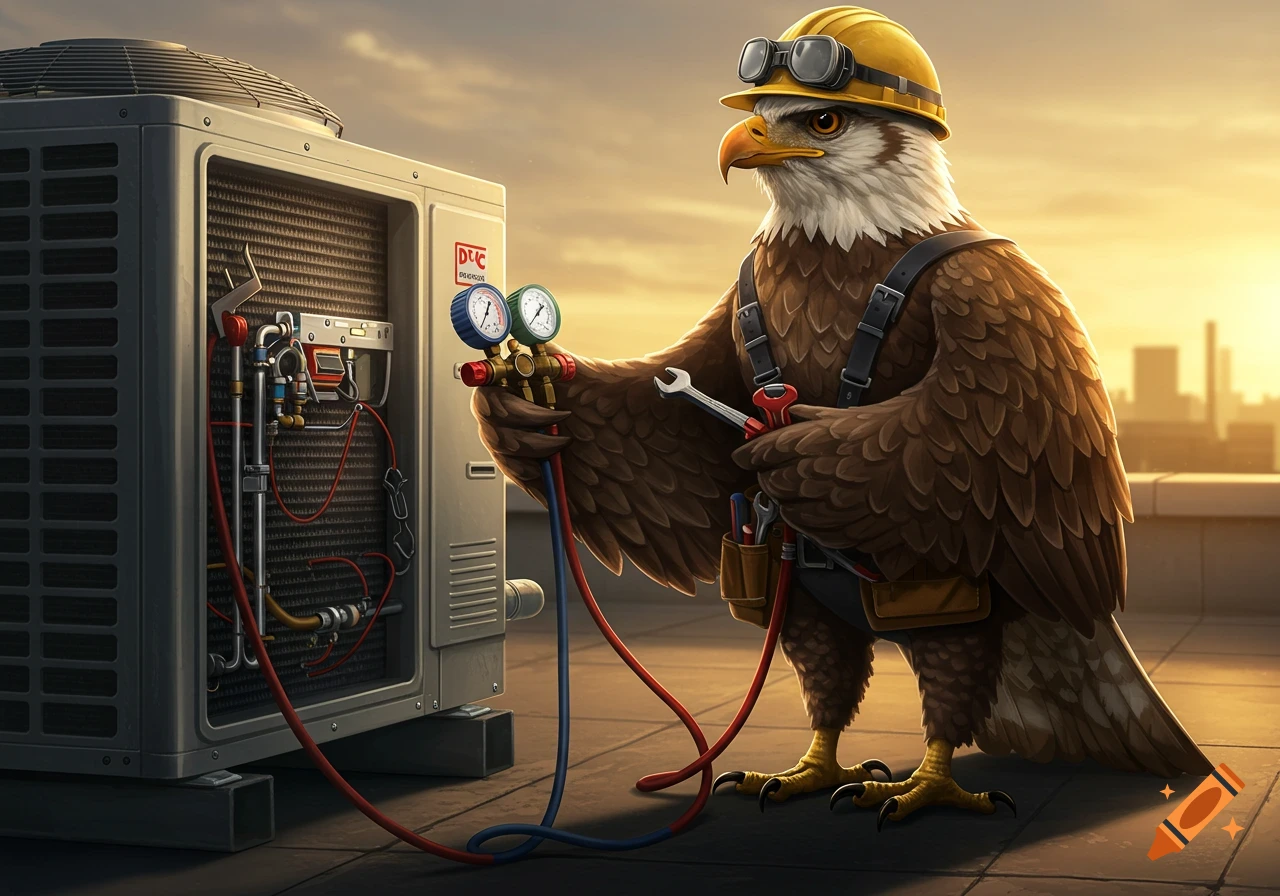 Cartoon eagle in a hard hat and tool belt, holding refrigerant gauges and a wrench, repairing an outdoor AC unit on a rooftop at sunset. Illustrated style.