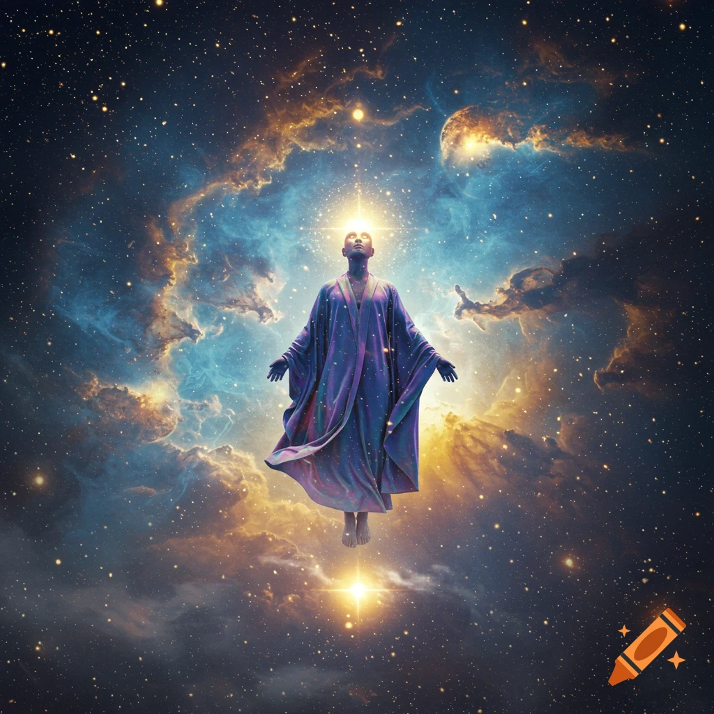 An ethereal figure in a flowing purple robe floats in space, glowing, surrounded by colorful nebulae and stars.