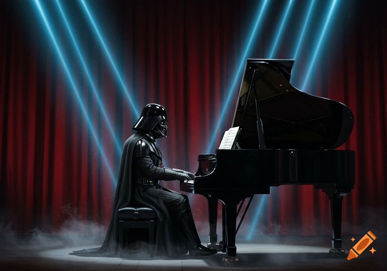 Darth Vader playing a grand piano on a stage with red curtains and blue spotlights in a photorealistic style.