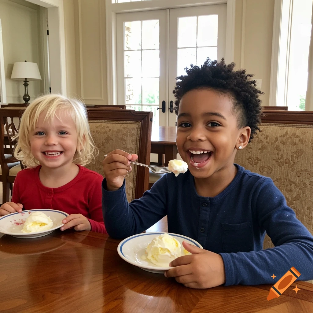 Two smiling children happily eat scoops of vanilla ice cream at a wooden table in a brightly lit room.