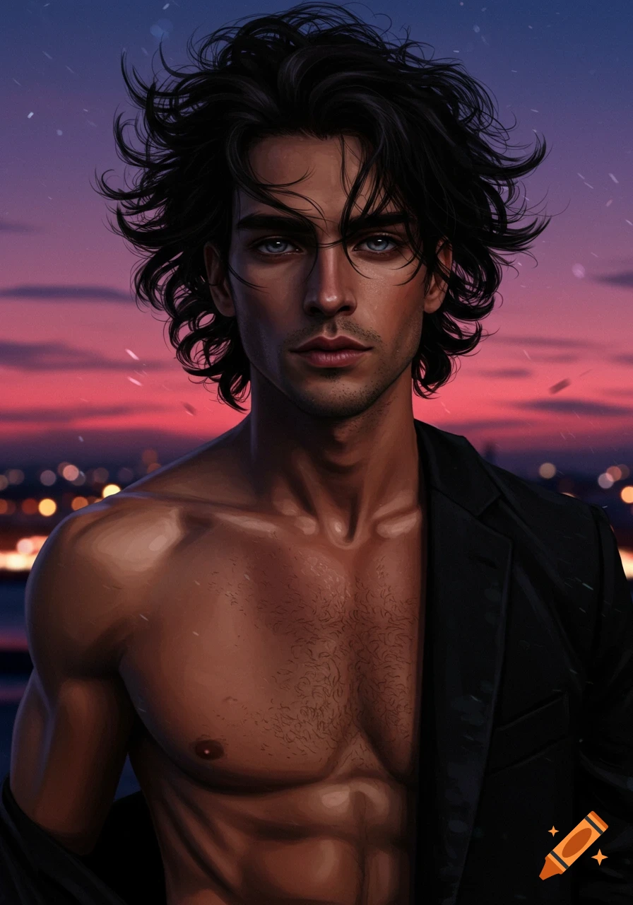 Digital art portrait of a man with dark shaggy hair and blue eyes, shirtless with a jacket, against a twilight city background.