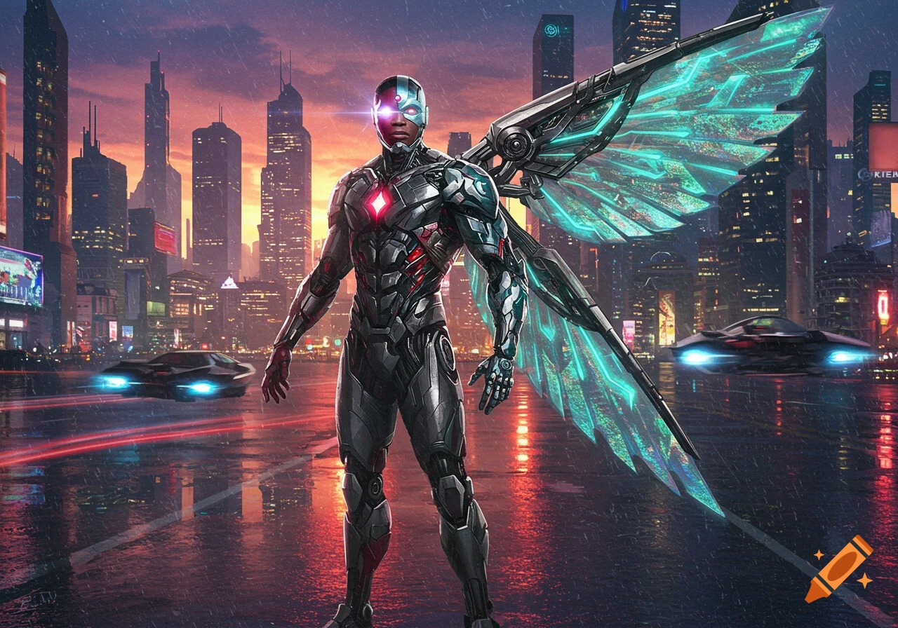 A futuristic cyborg with glowing eyes and mechanical wings stands in a rainy city at sunset, with flying cars in the background.