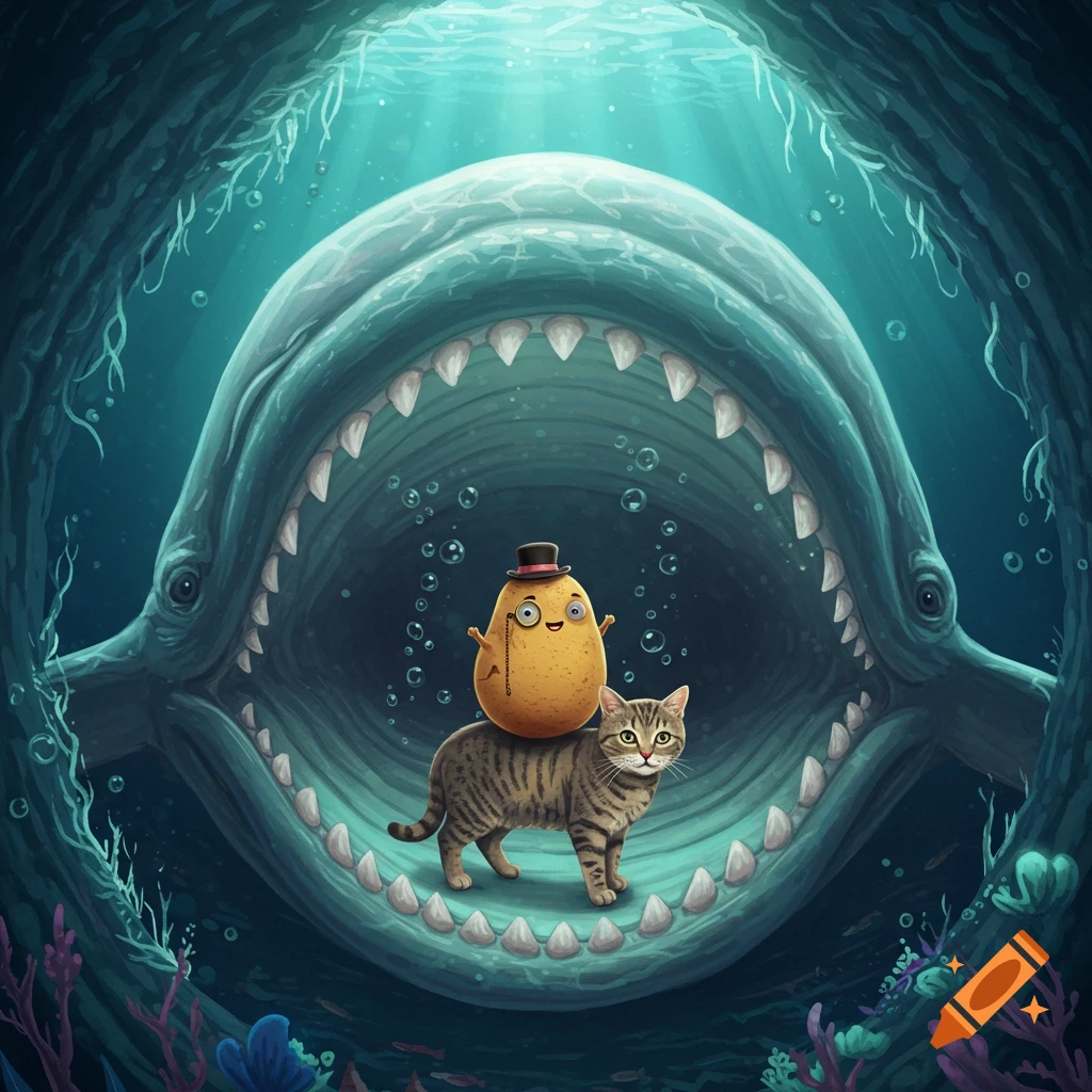 Whimsical illustration of a potato with a top hat and monocle riding a tabby cat inside a whale's open mouth underwater.