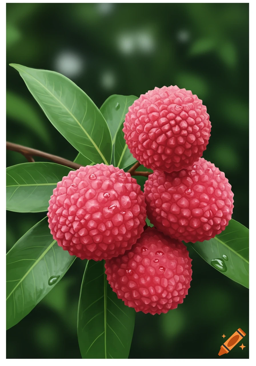 Illustrative depiction of a cluster of red lychee fruits with water droplets on a branch with green leaves.