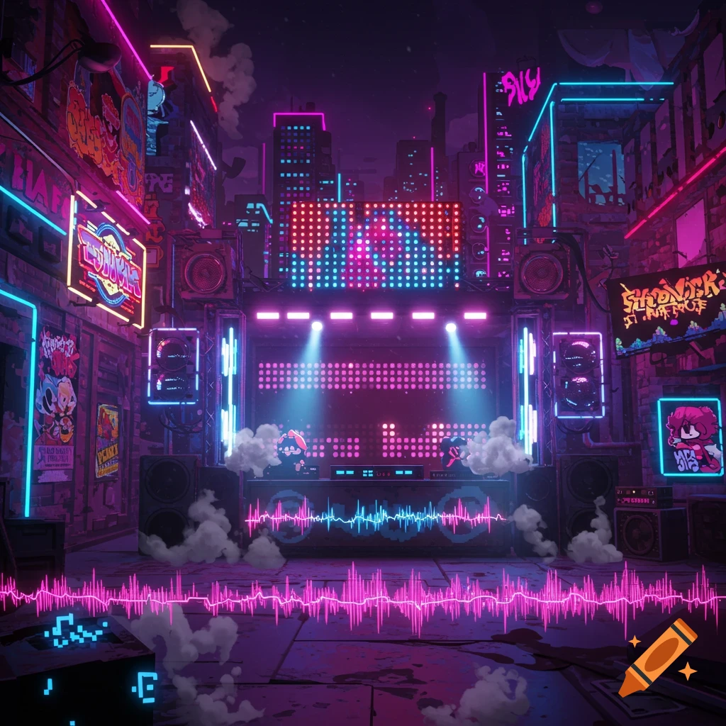A vibrant cyberpunk city street at night, with a DJ setup, large speakers, neon signs, and pixelated sound waves in the foreground, under a dark sky.