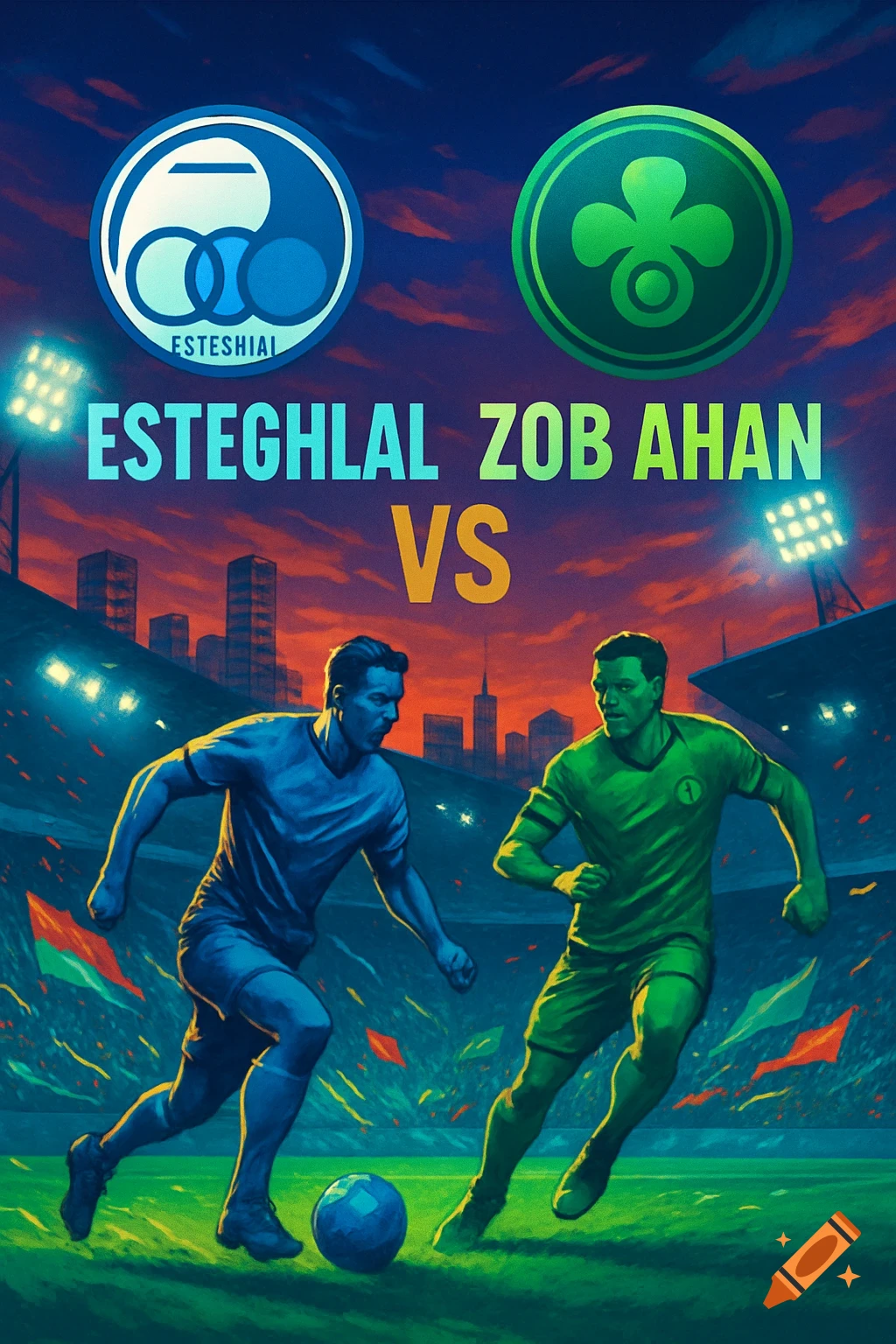 A vibrant poster depicting a soccer match between Esteghlal and Zob Ahan, with two players on a field and team logos above.