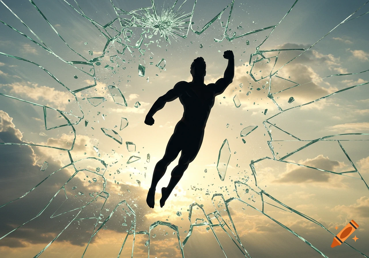 Black silhouette of a superhero-like figure flying up, breaking a glass ceiling, shards scattering against a cloudy sunset sky.