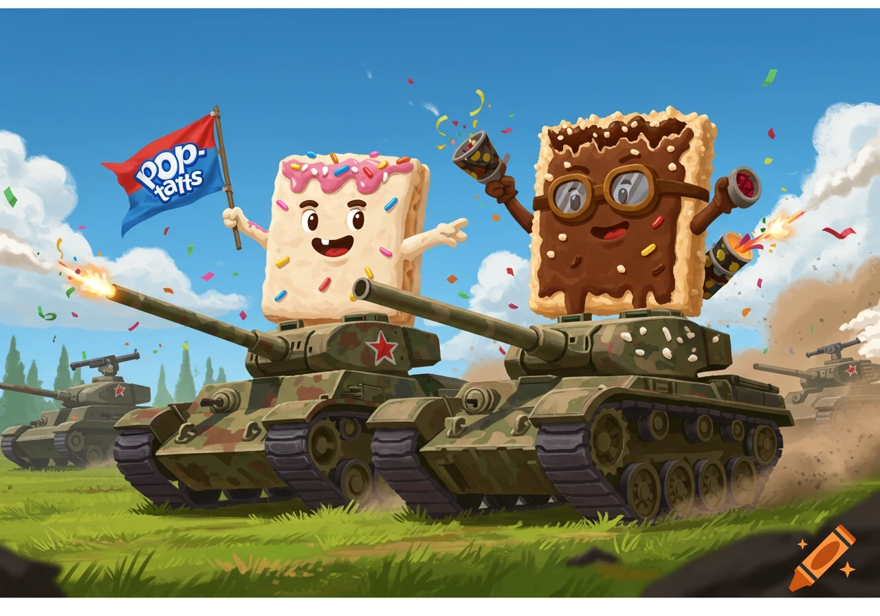 Cartoon Pop-Tart mascots on military tanks, one holding a flag, the other shooting confetti, in a vibrant, whimsical style.