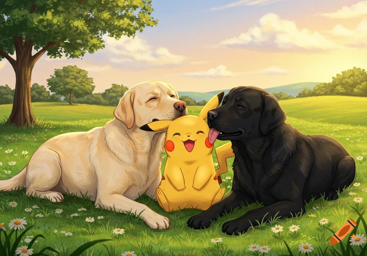 A yellow Labrador and a black Labrador lying in a grassy field, licking a happy Pikachu between them.