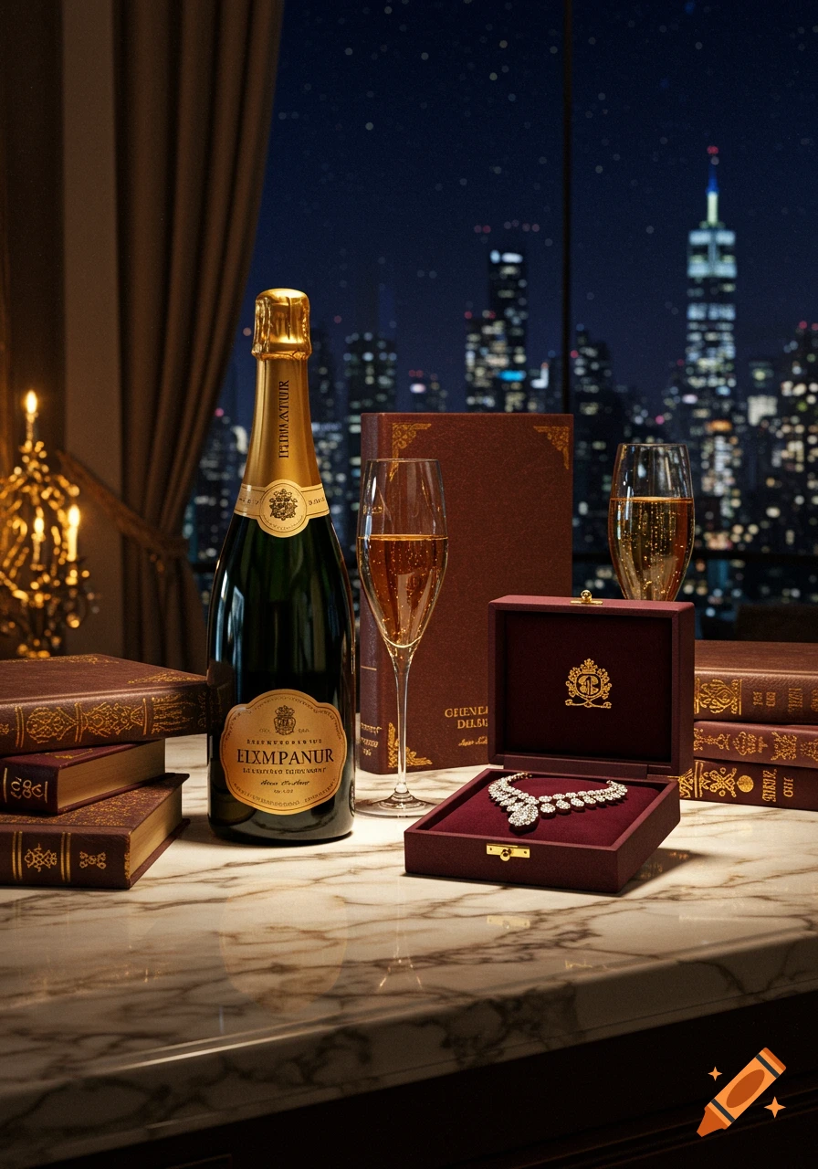 A champagne bottle and glasses, antique books, and a diamond necklace in a velvet box on a marble table, with a city skyline at night in the background.
