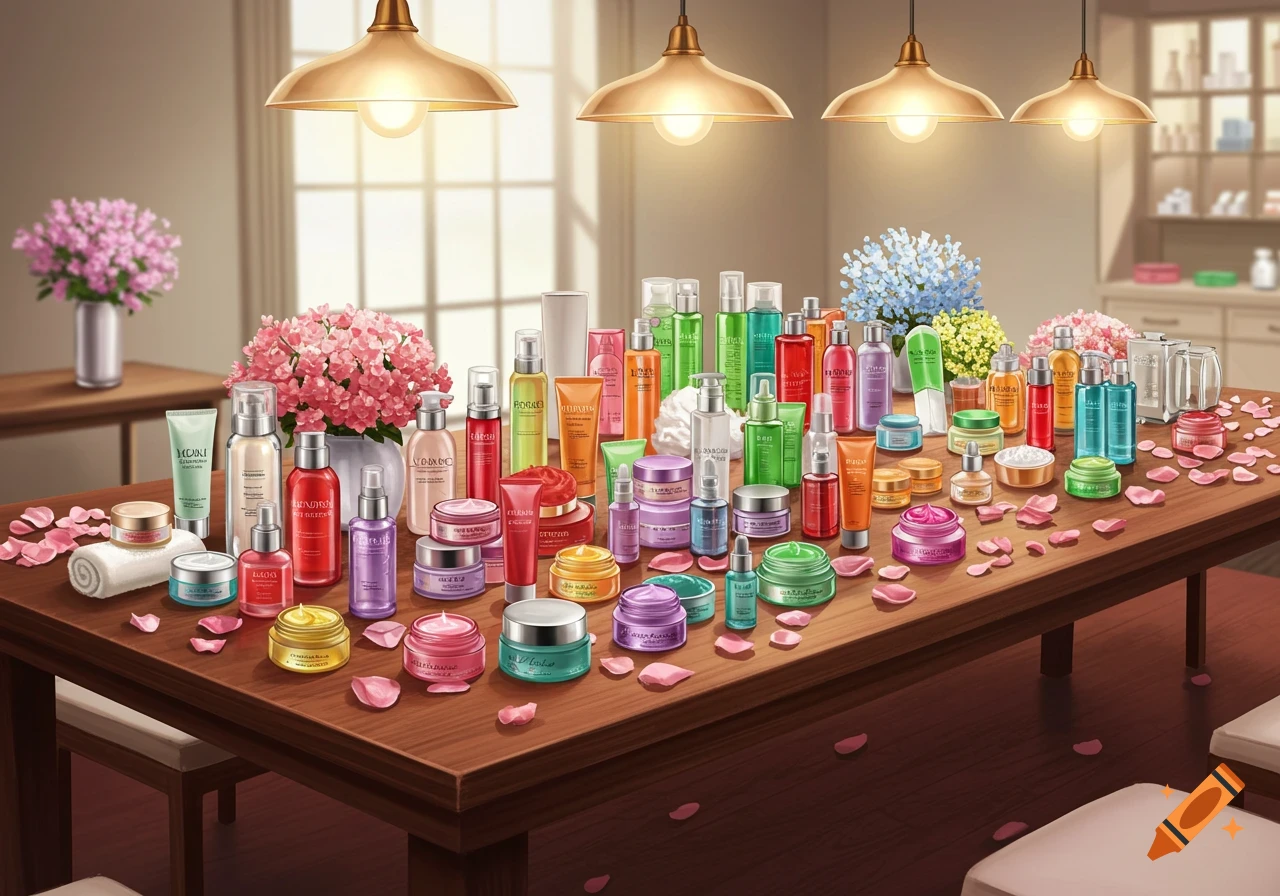 A wooden table laden with various colorful bottles, jars, and tubes of skincare products, adorned with pink flowers and petals under warm overhead lights.