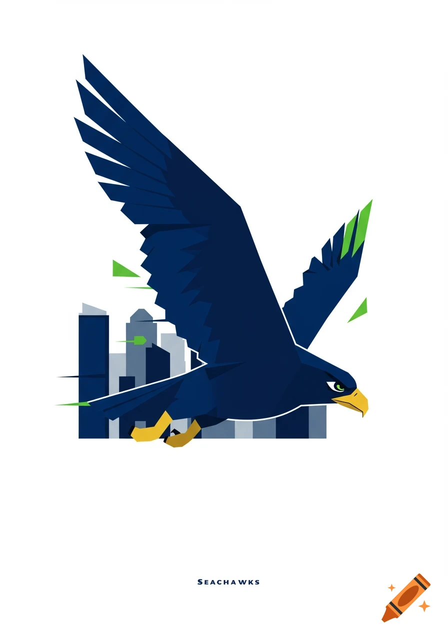 A stylized blue and green hawk flies over a dark city skyline with 'SEAHAWKS' text, in a flat design illustration.