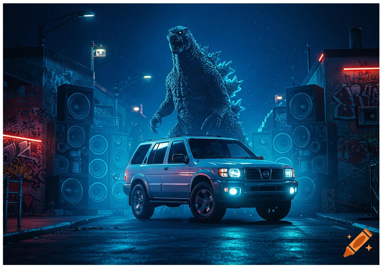 Godzilla towers over a white Nissan Pathfinder SUV with blue neon lights in a dramatic night cityscape with massive speakers and graffiti.