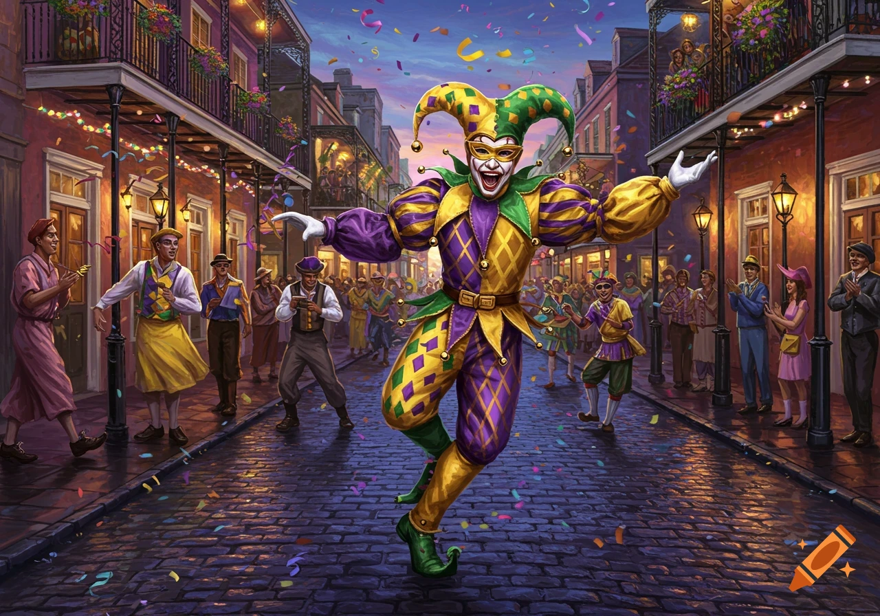 Vibrant illustration of a jester in purple and gold costume dancing at a chaotic Mardi Gras street festival with confetti and crowds.